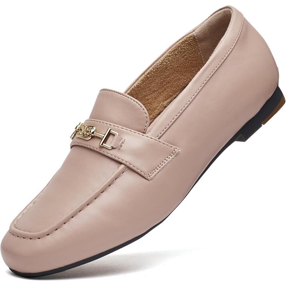 Women Nude Polyurethane Accent Buckle Leisure Slip On Walking Flats Shoes